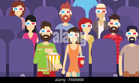 Volksgruppe sitzen beobachten Film im Kino 3d Brille mit Popcorn Cola Stock Vektor