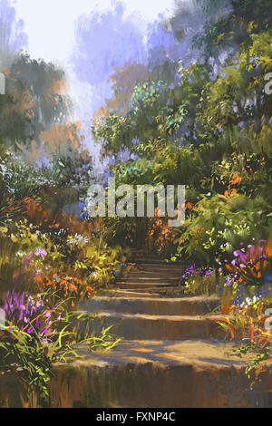 Steintreppe im Wald mit bunten Blumen, Illustration, Malerei Stockfoto