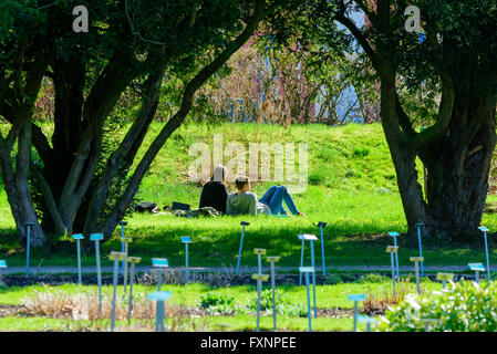 Lund, Schweden - 11. April 2016: Zwei junge Erwachsene fand einen Platz in der Sonne zu entspannen. Gesehen von leicht hinter durch übe Stockfoto