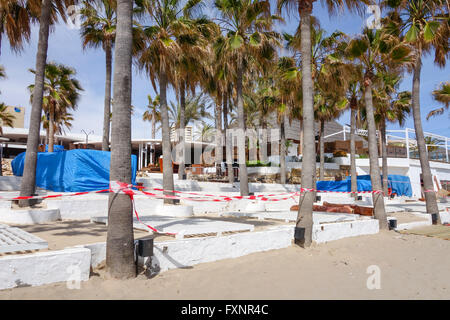 Nikki Beach Club geschlossen, vorbereitet für die neue Saison, Marbella, Andalusien, Spanien. Stockfoto