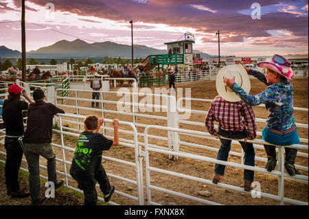 Junge & Mädchen gehockt Corral Zaun beobachten das Chaffee County Rodeo; Colorado; USA Stockfoto