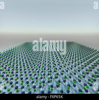 Molekülmodell aus einem Blatt des Stanene mit zusätzlichen Fluor (grün). Stanene hat eine ähnliche Wabenstruktur wie Graphen aber besteht aus Zinn Atome. Mit dem Zusatz von Fluoratome wird vermutet, dass es 100 % Effizienz als ein elektrisches erreichen können Stockfoto