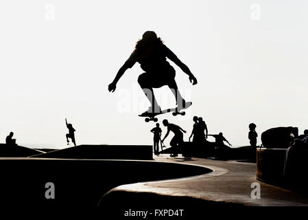 Skateboarder im Skatepark, Silhouette Stockfoto