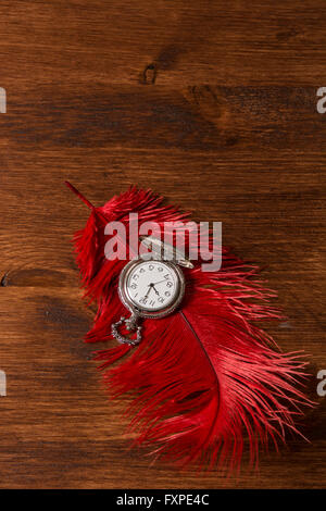 Vintage Taschenuhr über eine rote Feder Stockfoto