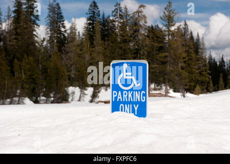 Behindertenparkplatz-Schild halb begraben im Tiefschnee Stockfoto