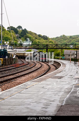 Die restaurierten Personenzug Lydham Manor glänzt, wie es Trainer in einer Kurve neben der Plattform Kingswear Station schleppt Stockfoto