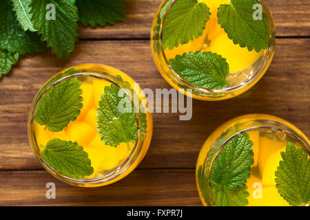 Erfrischende Pfirsich, Zitronenmelisse und weißen Wein Punsch oder Weinkühler in Gläsern, über Kopf fotografiert, auf dunklem Holz Stockfoto