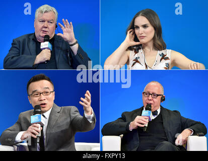 (160417)--Peking, 17. April 2016 (Xinhua)--kombinierte Foto aufgenommen am 17. April 2016 zeigt britische Produzent Iain Smith (oben links), Regisseurin und Schauspielerin Natalie Portman von den Vereinigten Staaten (oben rechts), Direktor Raman Hui aus den Vereinigten Staaten (unten links) und Produzent James Schamus der Vereinigten Staaten auf dem Sino-Foreign Film Co-Production Forum in Peking, Hauptstadt von China, April 17 , 2016. Das Forum ist Teil des 6. Beijing International Film Festival dauert vom 16. April bis 23 April. (Xinhua/Zhu Zheng) (Wjq) Stockfoto