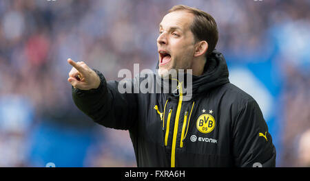 Dortmunds Trainer Thomas Tuchel während der Fußball-Bundesliga reagiert Spiel Borussia Dortmund gegen Hamburger SV in Dortmund, Deutschland, 17. April 2016. Foto: Guido Kirchner/dpa Stockfoto