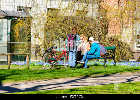 Lund, Schweden - 11. April 2016: Alltag in der Stadt. Junge Leute reden und diskutieren auf einer Bank in einem der Parks in der Stadt. Stockfoto