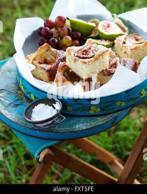 Kokos-Kuchen mit Feigen und Trauben in Kuchenform Stockfoto