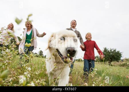 Glückliche Familie mit Hund im park Stockfoto