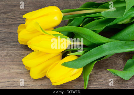 Schöne gelbe Tulpen auf Holz Hintergrund Stockfoto