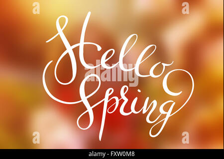 Hallo Frühling Buchstaben auf einem bunten Hintergrund niedlich Schrift design Stockfoto