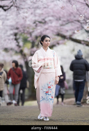 Porträt der jungen Japanerin tragen Kimono mit Kirschblüten in Shinjuku Gyōen Park, Tokio, Japan, Stockfoto