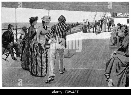 1891 schwarz-weiß Gravur der viktorianischen Passagiere Quoits an Bord eines Fahrgastschiffes zu spielen. Stockfoto
