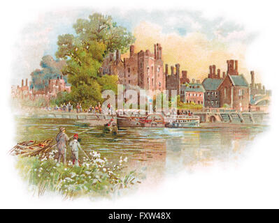 Edwardian Abbildung von Hampton Court Palace und die Themse. Stockfoto