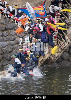 Onbashira - Suwa Taisha Kamisha Kawagoshi, Männer ziehen die Baumstämme über den Fluss. Stockfoto