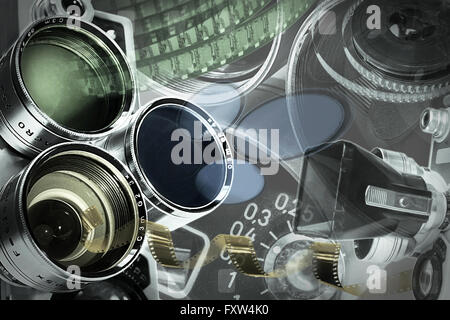 Alte 8mm Kamera Montage mit Filmen, Objektiv, Filter Stockfoto