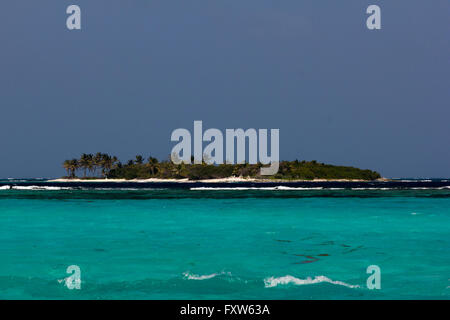 Blick auf die tropische Insel von Petit Tabac, türkisblauen karibischen Meer, Horseshoe Reef & Sargasum Unkraut, Tobago Cays Marine Park. Stockfoto