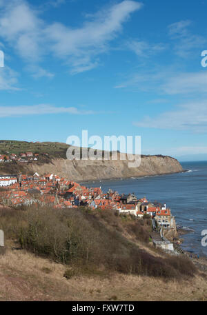 Blick über das Dorf von Robin Hoods Bay, North Yorkshire, England Stockfoto