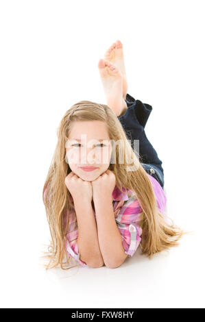 Auf weiße Serie von einem kaukasischen Kernfamilie in Freizeitkleidung und Fitnesskleidung isoliert.  Mama, Papa, Bruder und Schwester. Stockfoto