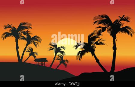 Meer Sonnenuntergang mit Insel und Palmen Stock Vektor