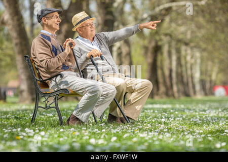 Senior mit etwas in der Ferne an seinen Freund sitzen auf einer Bank im park Stockfoto