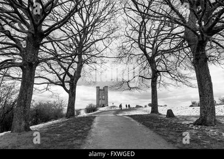 Broadway Tower in Monochrom, die Cotswolds, Worcestershire, England, UK Stockfoto