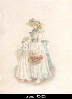 GREENAWAY: Schwestern Mädchen Blau Schärpe Korb Rose, Baby, antiken print 1905 Stockfoto