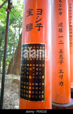 Japanische Inschrift auf einer orange Spalten der Fushimi Inari-Schrein in Kyōto, Japan. Stockfoto