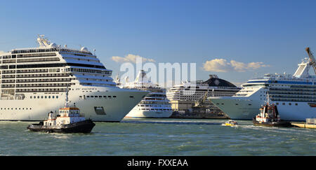 Kreuzfahrtschiffe MSC Magnifica, MSC Musica, AIDAvita und Island Princess in den Hafen von Venedig Stockfoto
