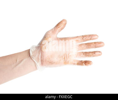Arbeitnehmers Hand in einem schmutzigen Handschuh isoliert Stockfoto