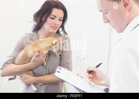 Tierarzt untersucht einen Hund und schreiben in Zwischenablage Stockfoto