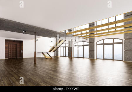 Leere Innenraum des Loft Wohnung Wohnzimmer Wohnzimmer Flur Treppe, 3D-Rendering Stockfoto