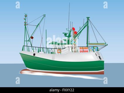 Grün und weiß Fischerboot Segeln auf ruhiger See Stock Vektor