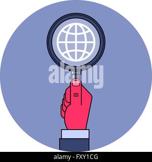 Globale Forschung. Männliche Hand mit Lupe mit Globus-Symbol im Inneren. Globale Forschung, Spionage, Intelligenz Konzept ich Stock Vektor
