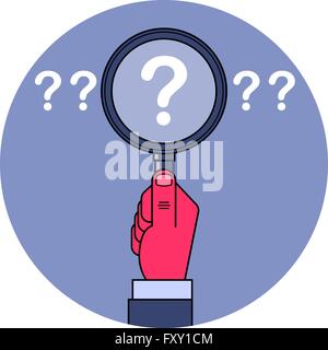 Analyse und Suche. Männliche Hand mit Lupe mit Fragezeichen im Inneren. Stock Vektor