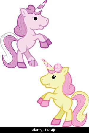 Ein Cartoon Illustration einer zwei Kawaii-Stil-Einhörner Aufbäumen. Stock Vektor