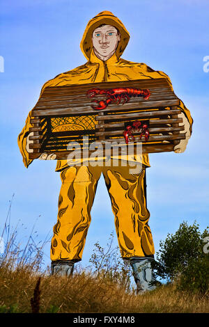 Bundesstaat Maine, Schoodic Peninsula, Acadia National Park, Hummerfischer Zeichen für Verkaufsstelle an Aussicht auf Hafen Maine. Stockfoto