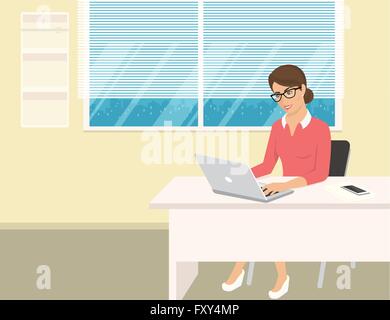Business-Frau trägt rosa Hemd im Büro zu sitzen und arbeiten mit laptop Stock Vektor