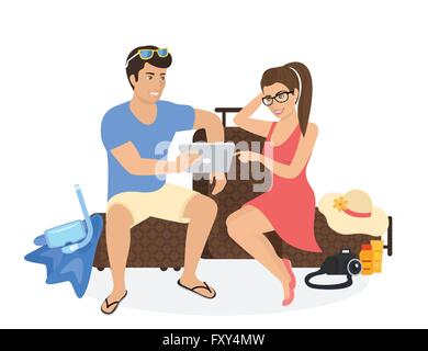 Junges Paar sitzt auf das Gepäck und mit tablet-pc um Fotos aus ihrem Urlaub zu sehen Stock Vektor