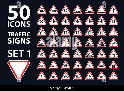 Vektor-Sammlung der Verkehrsstraße Warnung Zeichen rotes Dreieck-set 1 Stock Vektor