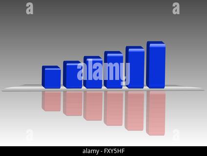 3D Grafik steht auf dem grauen Schreibtisch und Wachstum zeigt. Rote Kurve unterhalb der Rezeption spiegelt sich in der oberen blauen Grafik. Stock Vektor