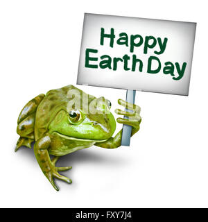 Earth Day Frosch mit einem Schild aus Protest als Ecxological Konzept als eine Gruppe von Fröschen, die zusammenkommen, um Formulartext als ein Umweltzeichen für Schutz der Sozialberatung Lebensraum 3D Illustration. Stockfoto