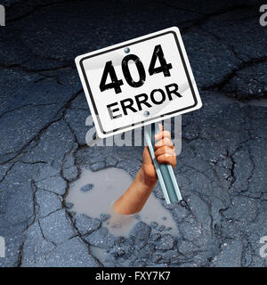 Fehler 404-Seite nicht gefunden Konzept als eine Internet-Technologie-Symbol des technischen Supports für Web-Seite Fehler oder Suche Problem als eine Hand in einem Loch halten ein Warnsignal 3D-Illustration ertrinken. Stockfoto