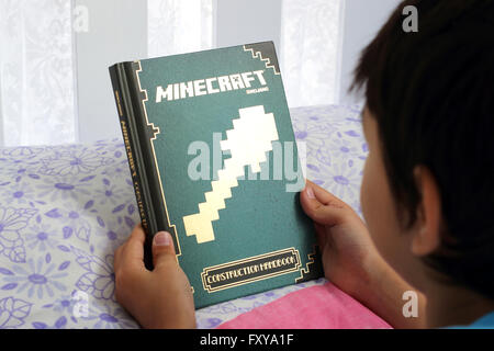 Kleiner Junge liest Minecraft Buch Stockfoto