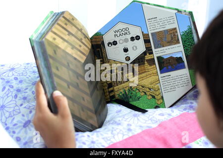 Kleiner Junge liest Minecraft Buch Stockfoto