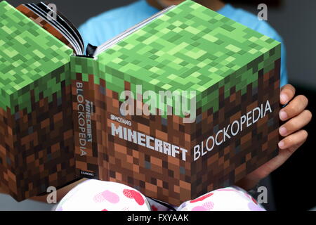 Kleiner Junge liest Minecraft Buch Stockfoto