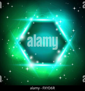 Geheimnisvolle Neon Sechsecke mit Lichtern zu abstrahieren und gegen grün glitter Stockfoto